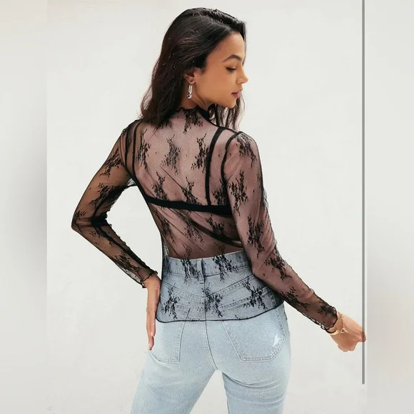 Black Sheer Lace Embroidered Mock Neck Mesh, Long Sleeve Floral Top - Picture 2 of 10
